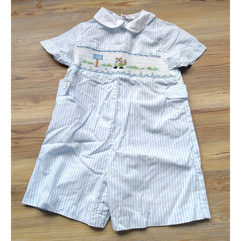 Vtg Sir John 24M Smocked Romper Shortall Blue Stripe Woodland Fox Embroidered